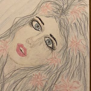 Unframed Original Art Pencil Crayon & Ink Drawing Whimsical Portrait of Woman